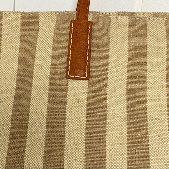 EUC Burlap Jute Natural Tote Shoulder Bag Tan Striped Leather Straps - Picture 5 of 15